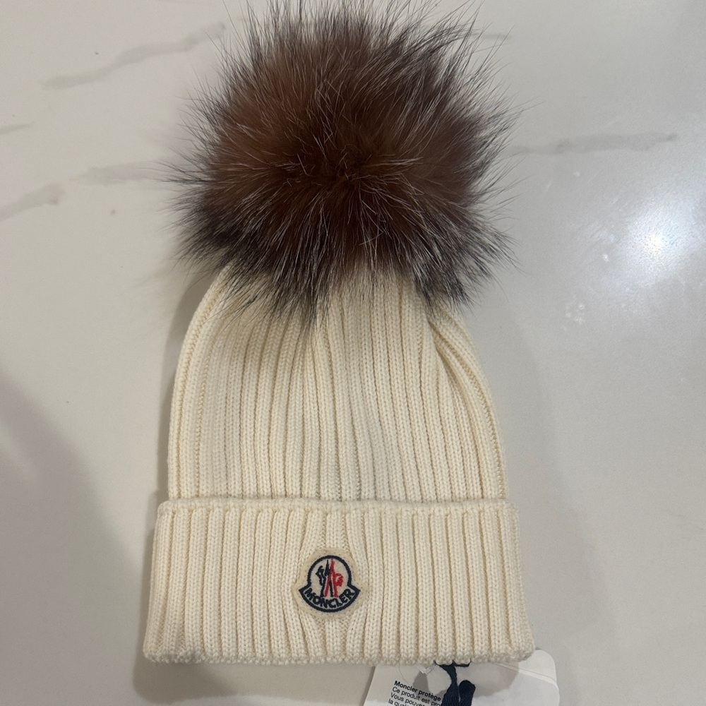 Moncler Ivory Knit Hat with Dark Brown Pom Pom